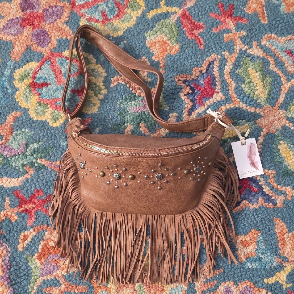 Jessica Simpson Tan Crossbody Bag with Fringe and Studs
